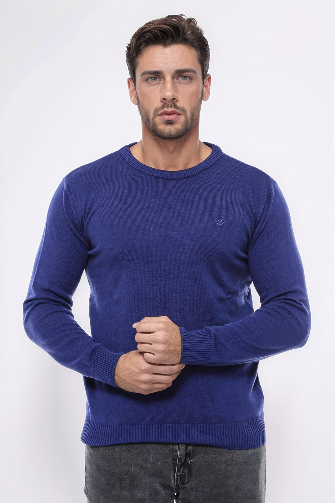 WSS Navy Blue Crew Neck Embroidered Plain Knitwear  - Castelldefels
