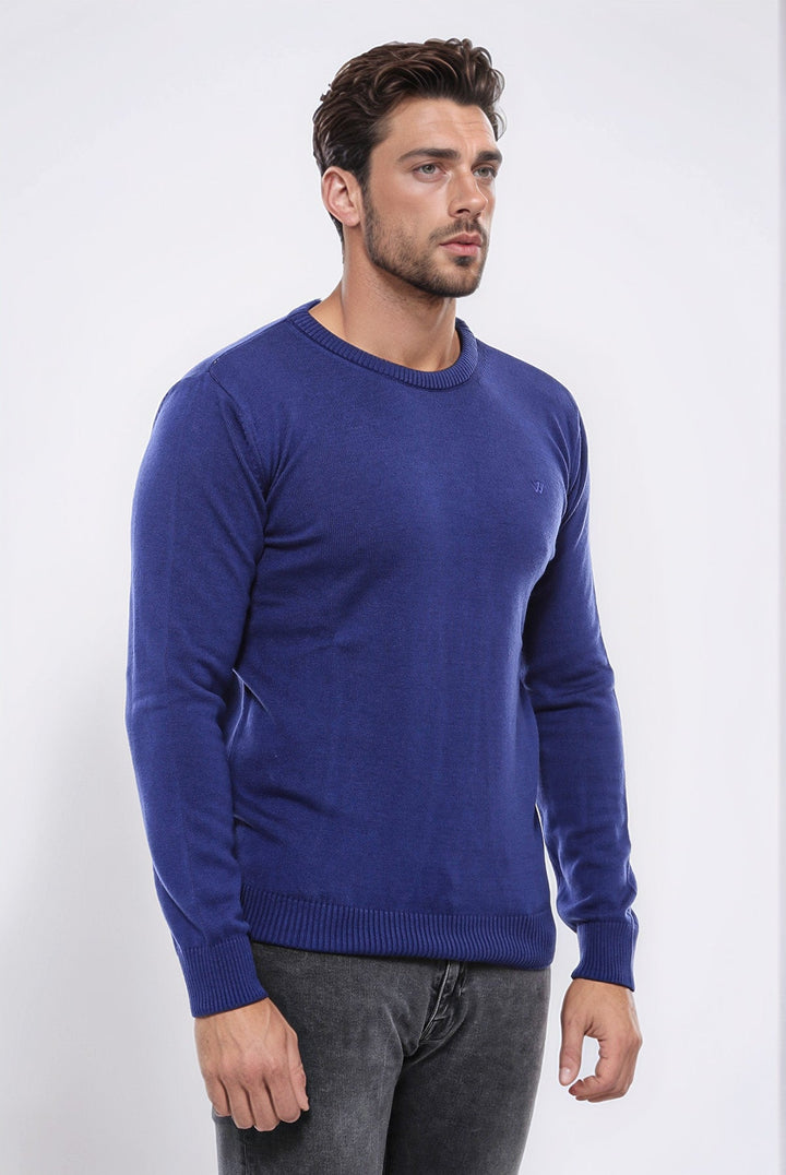 WSS Navy Blue Crew Neck Embroidered Plain Knitwear  - Castelldefels