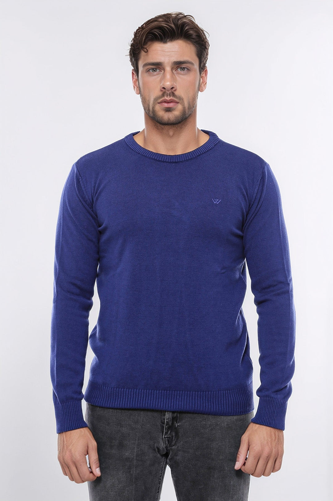 WSS Navy Blue Crew Neck Embroidered Plain Knitwear  - Castelldefels