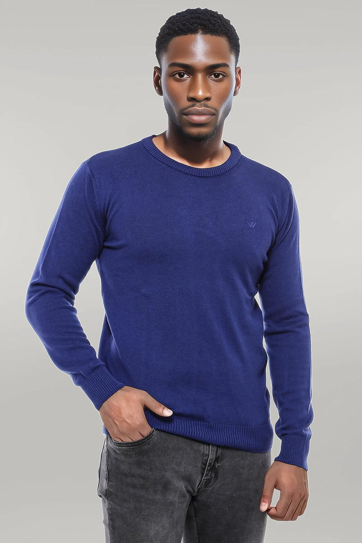 WSS Navy Blue Crew Neck Embroidered Plain Knitwear  - Singen