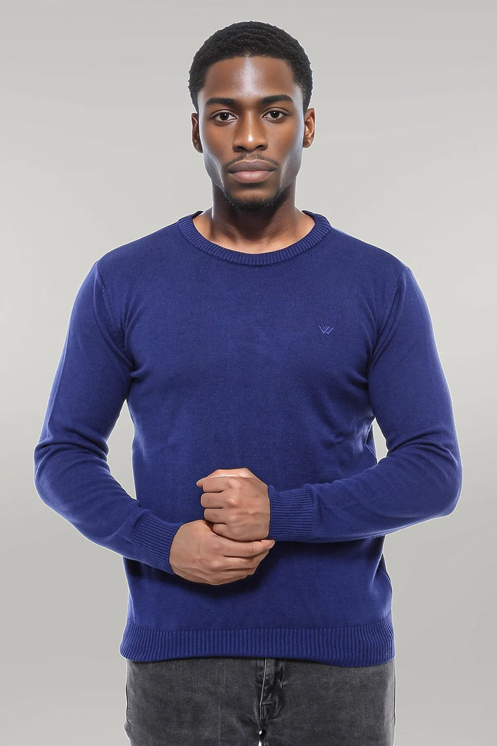WSS Navy Blue Crew Neck Embroidered Plain Knitwear  - Singen