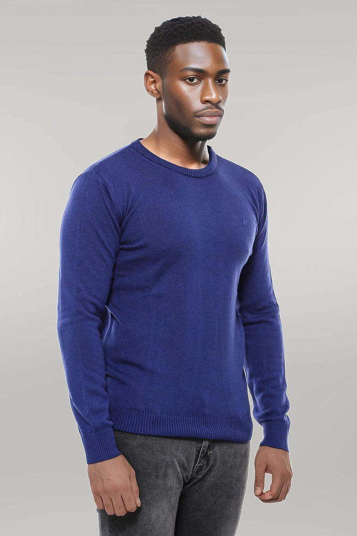 WSS Navy Blue Crew Neck Embroidered Plain Knitwear  - Singen