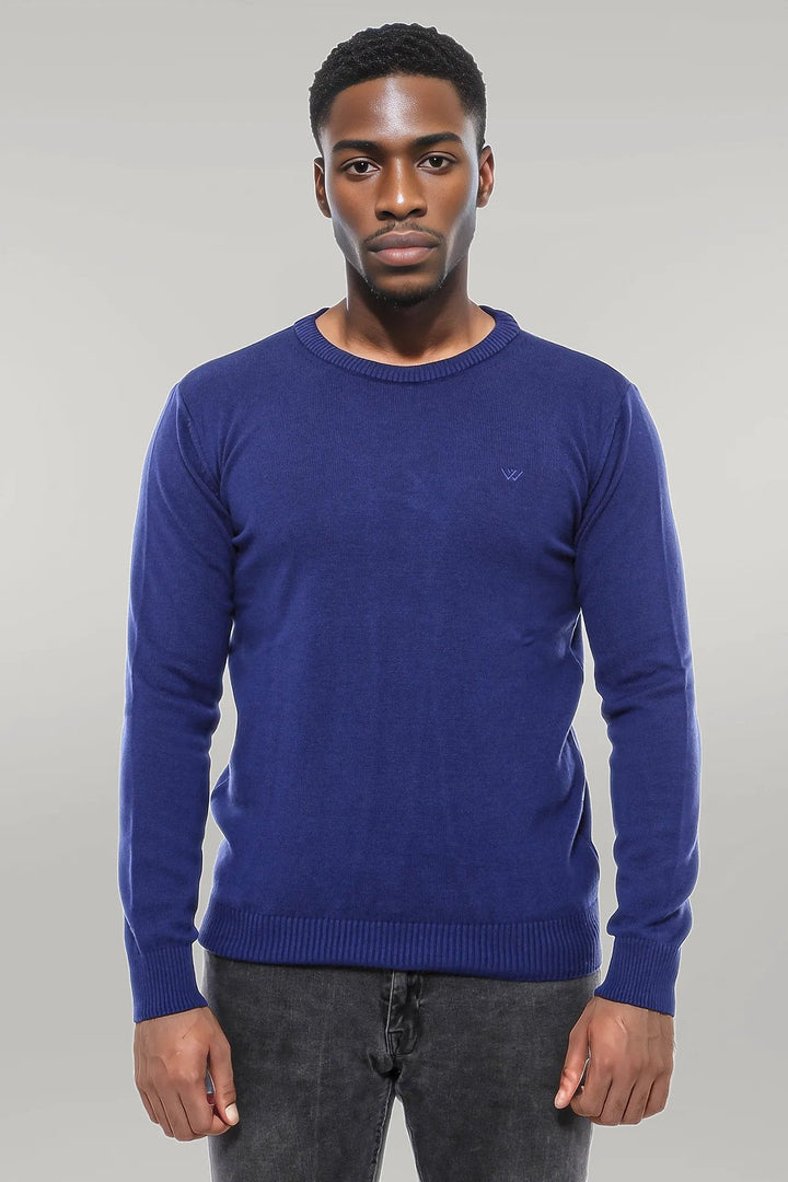 WSS Navy Blue Crew Neck Embroidered Plain Knitwear  - Singen