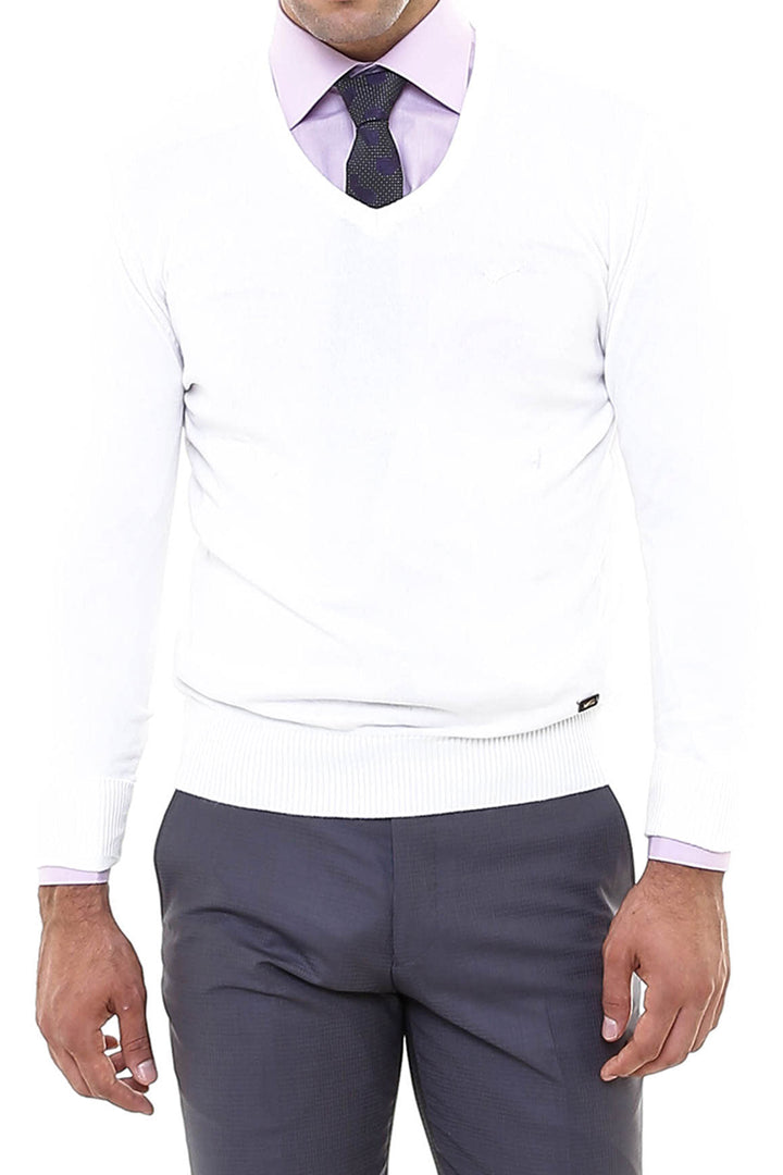 WSS Slim Fit V Neck Long Sleeve White Men Knitwear - Hinckley