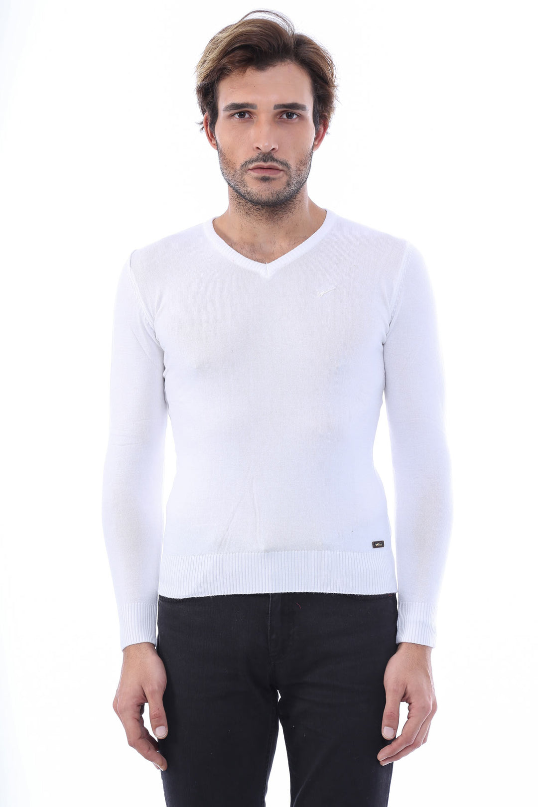 WSS Slim Fit V Neck Long Sleeve White Men Knitwear - Hinckley