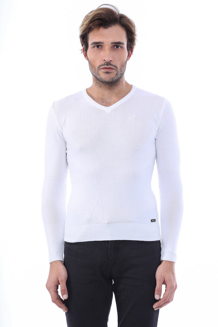 WSS Slim Fit V Neck Long Sleeve White Men Knitwear - Hinckley