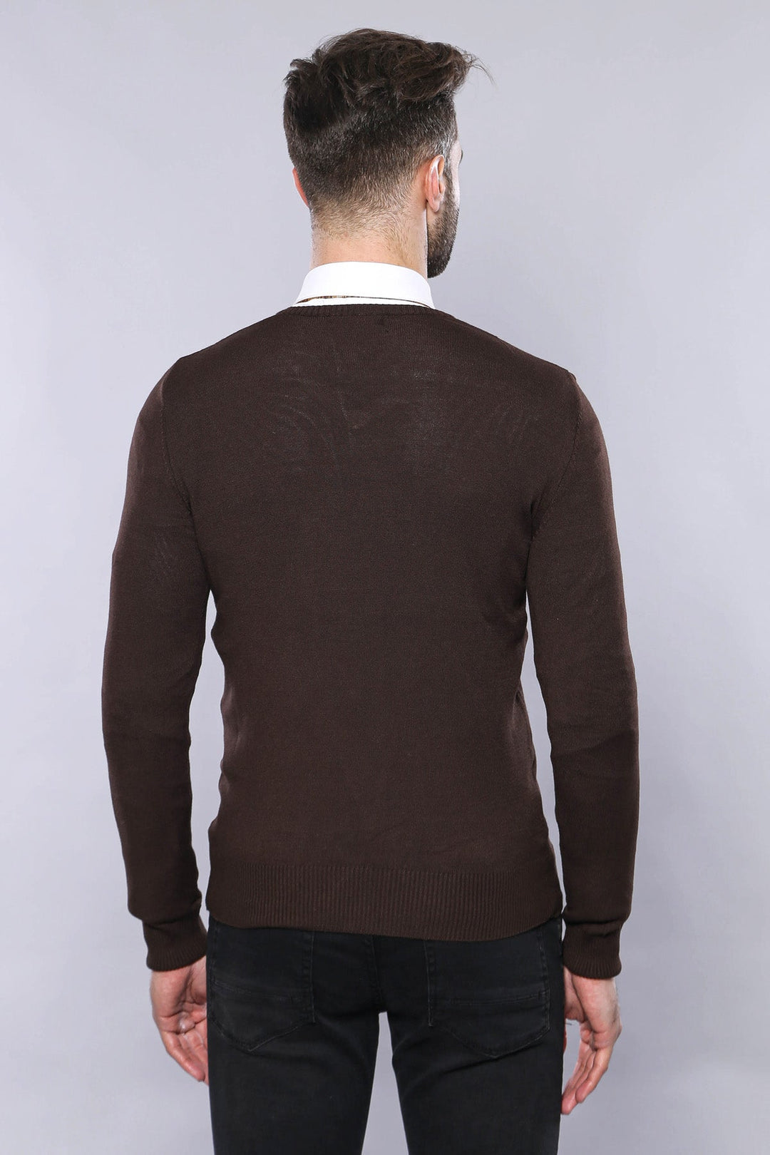WSS Slim Fit V Neck Long Sleeve Brown Men Knitwear - Lowell