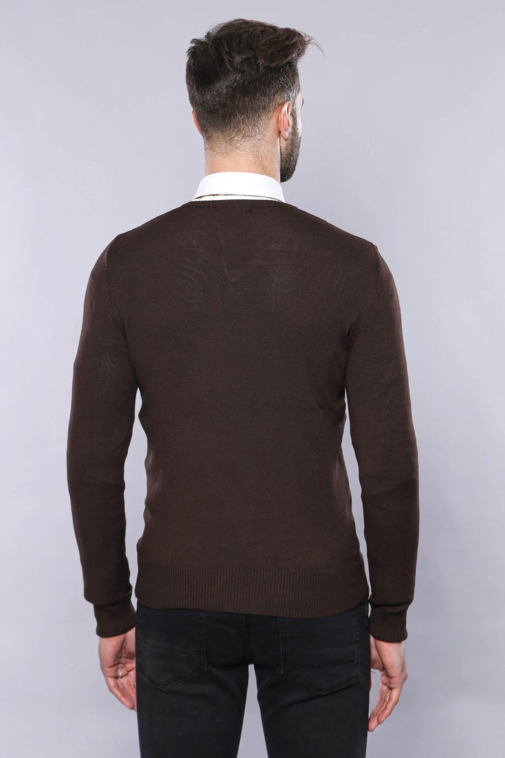 WSS Slim Fit V Neck Long Sleeve Brown Men Knitwear - Lowell
