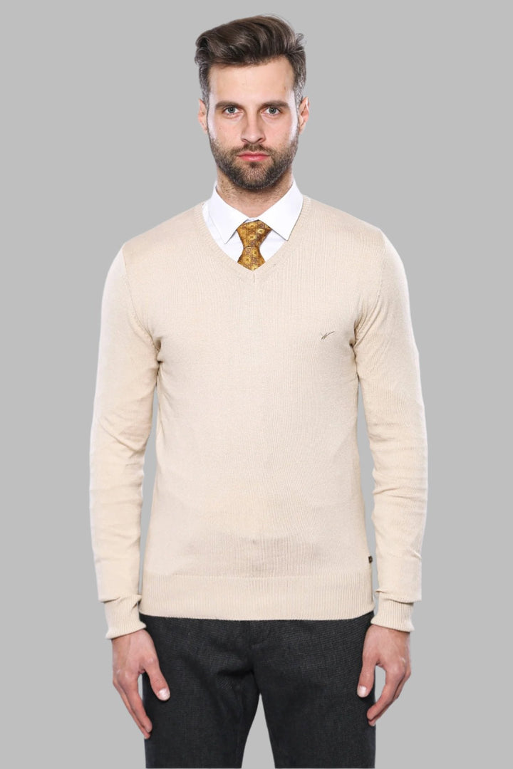 WSS Slim Fit V Neck Long Sleeve Beige Men Knitwear - Eberswalde