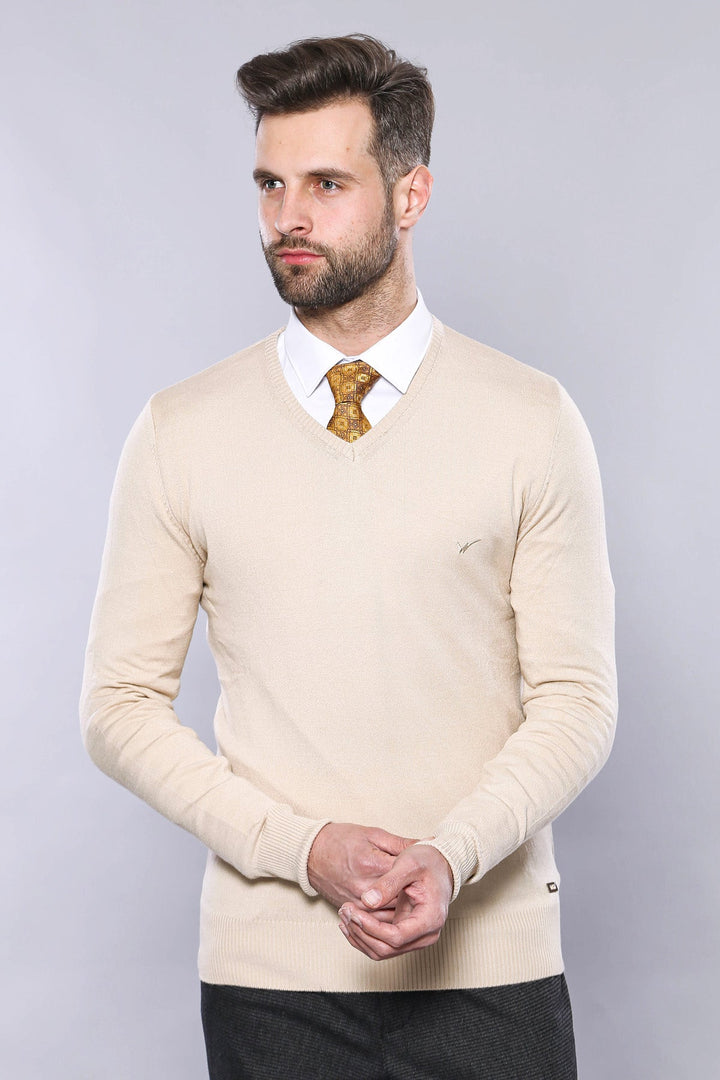WSS Slim Fit V Neck Long Sleeve Beige Men Knitwear - Eberswalde