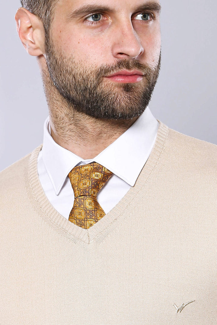 WSS Slim Fit V Neck Long Sleeve Beige Men Knitwear - Eberswalde