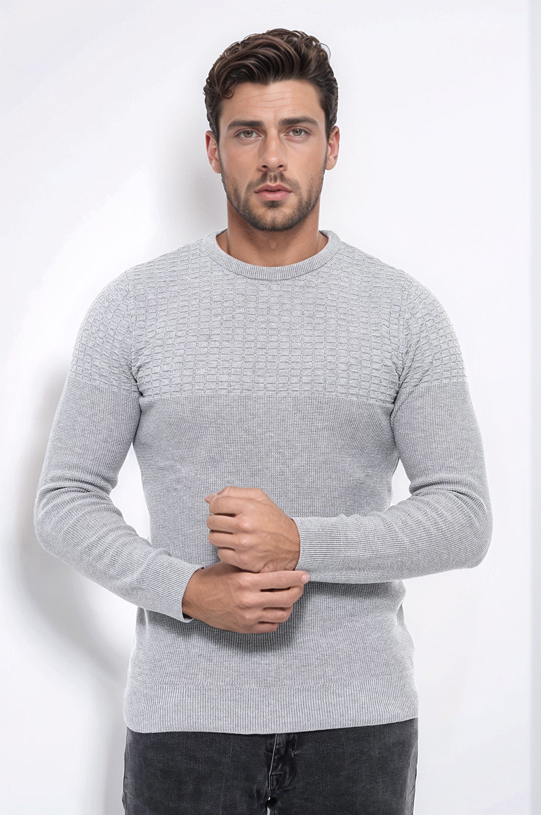 WSS Circle Neck Patterned Light Grey Men Knitwear  - Villepinte