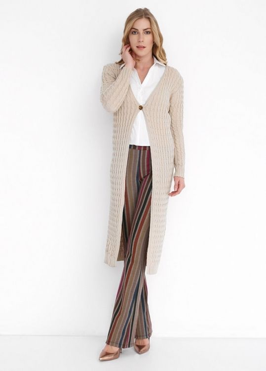 SNS Sense Beige Cable Knit V-Neck Single Button Long Cardigan - Sioux Falls