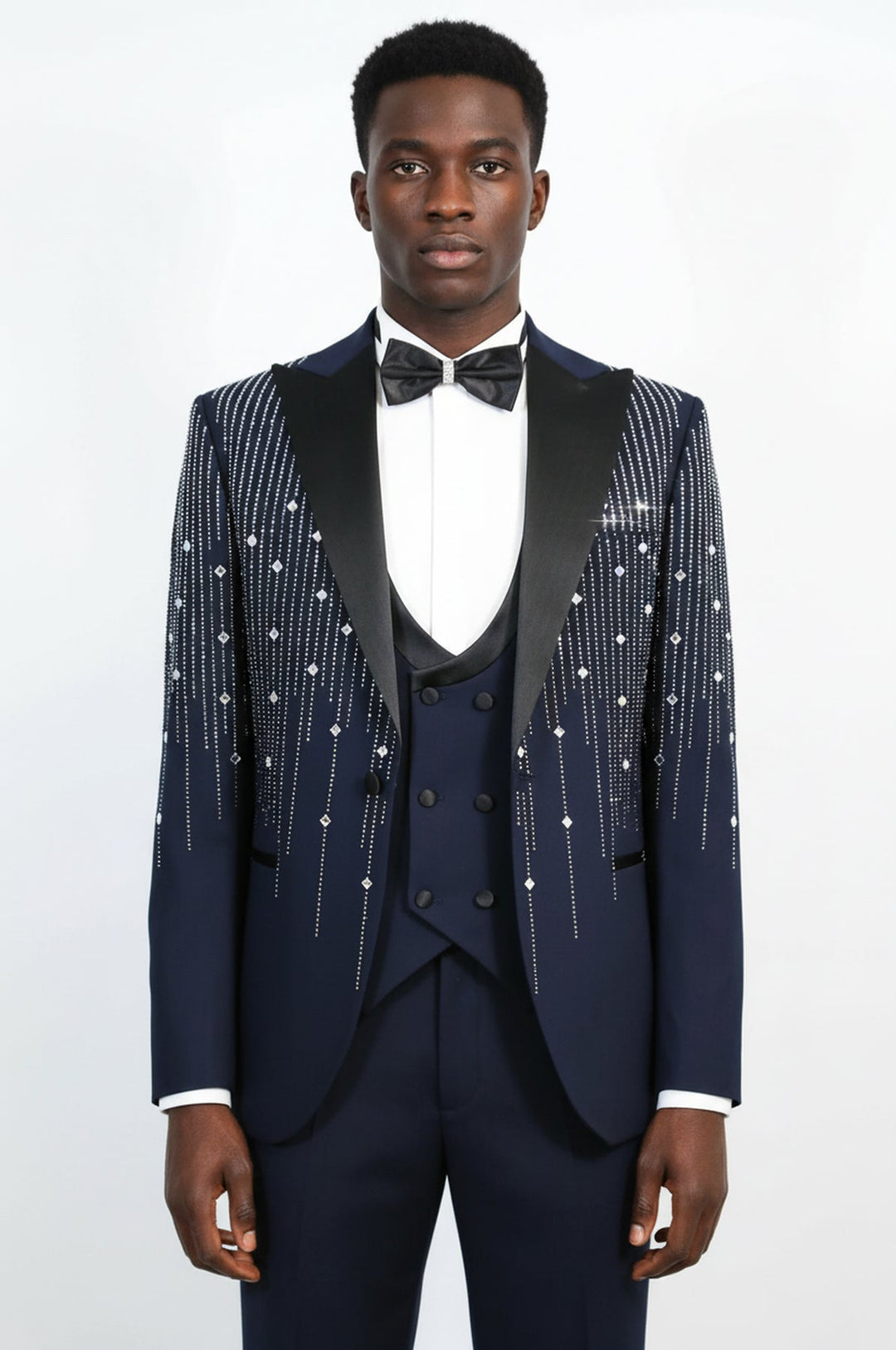 WSS Navy Blue Crystal Embellished Slim Fit Peak Lapel Tuxedo Suit –  - Westminster