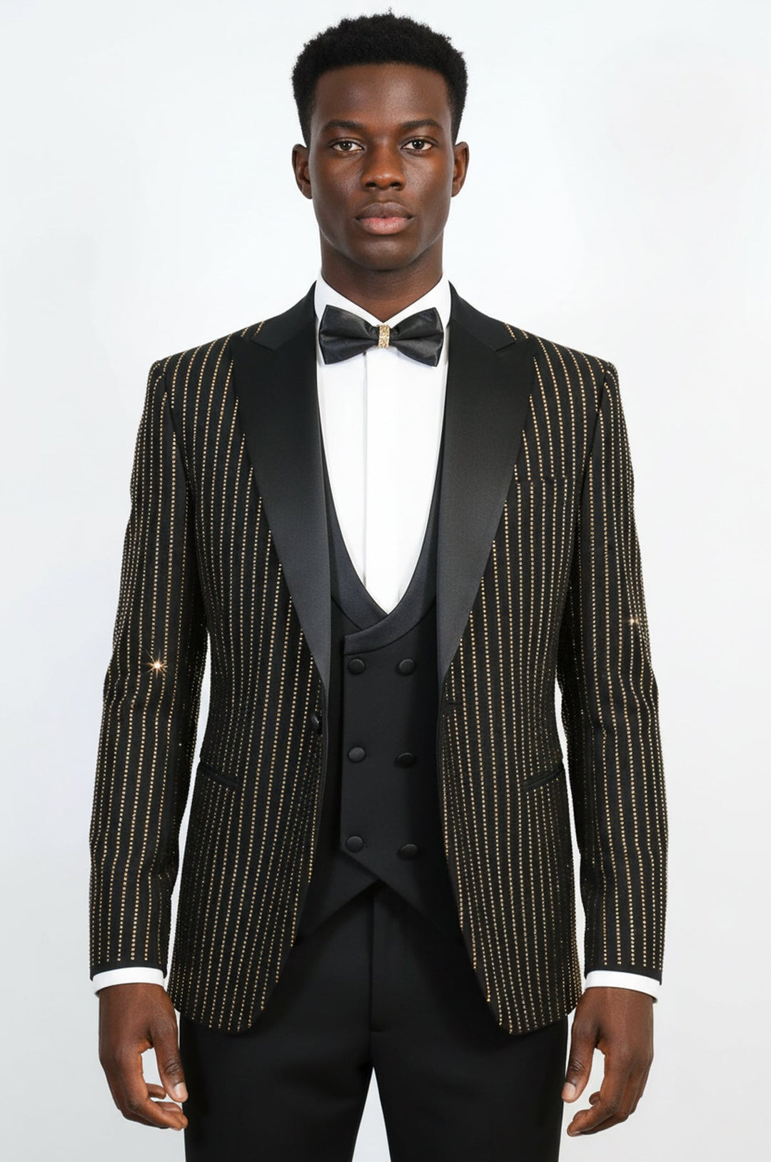 WSS Black Gold Rhinestone Stripe Peak Lapel Tuxedo Suit –  - Elyria
