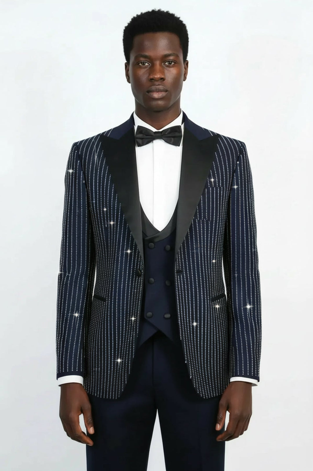 WSS Navy Silver Rhinestone Stripe Peak Lapel Tuxedo Suit –  - Airdrie
