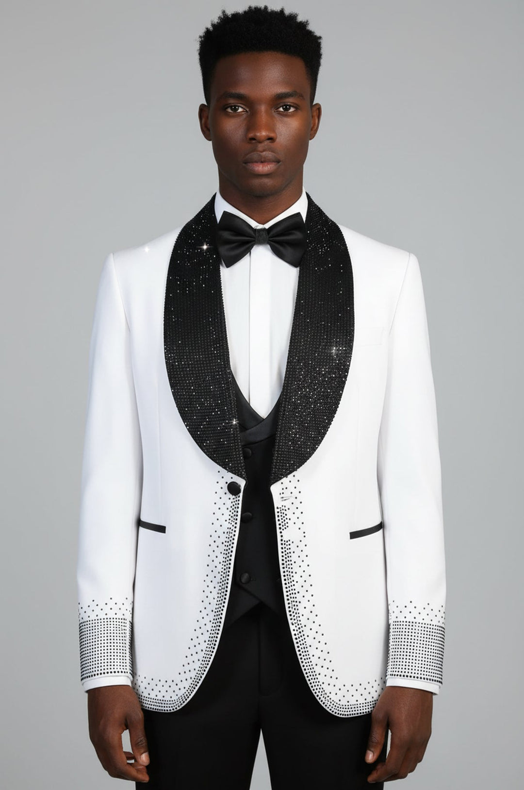 WSS White 3-Piece Suit with Black Bead Embellished Shawl Lapel  - Indianapolis