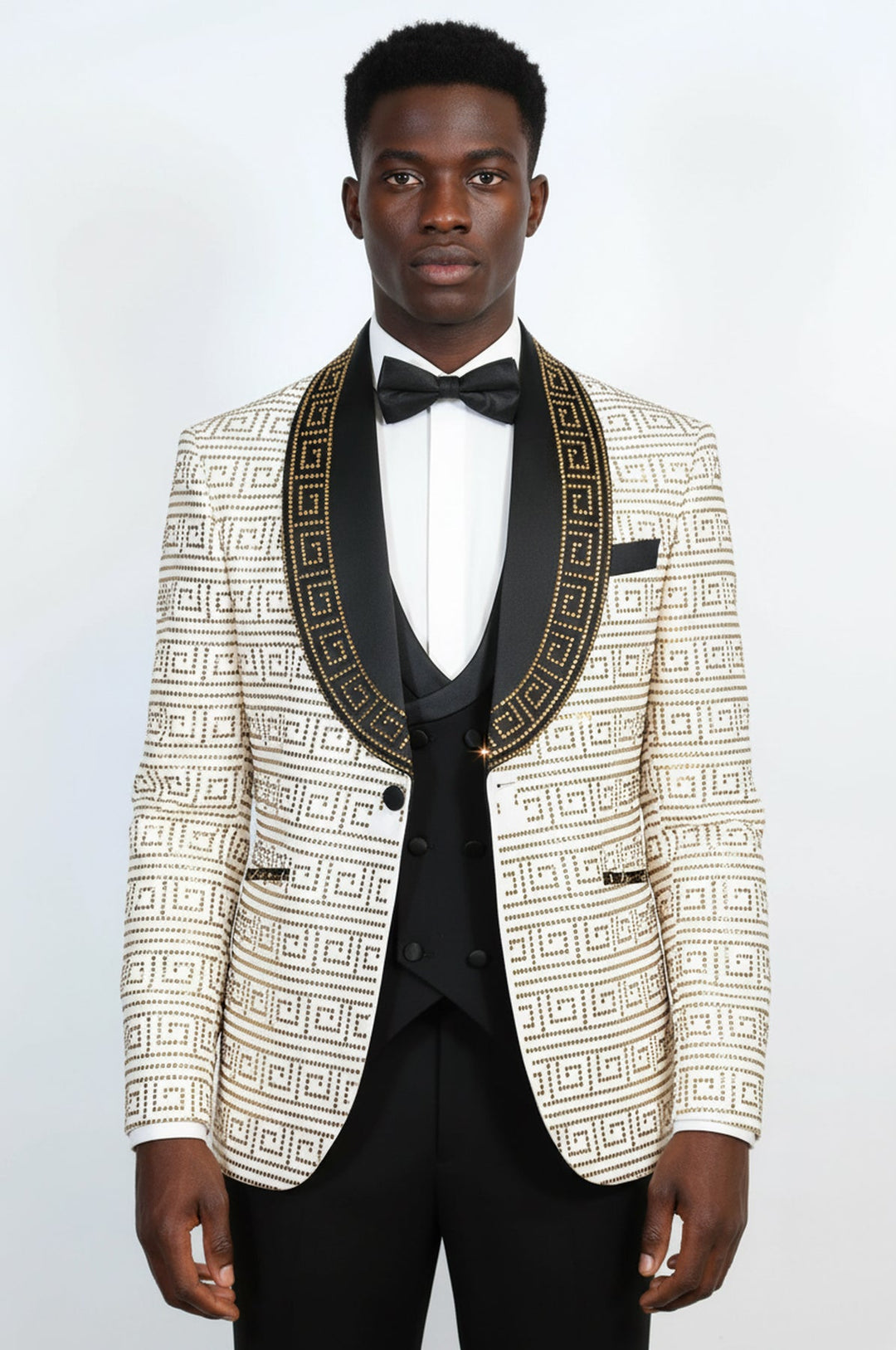 WSS White Gold Greek Key Rhinestone Shawl Lapel Tuxedo Suit –  - Whanganui