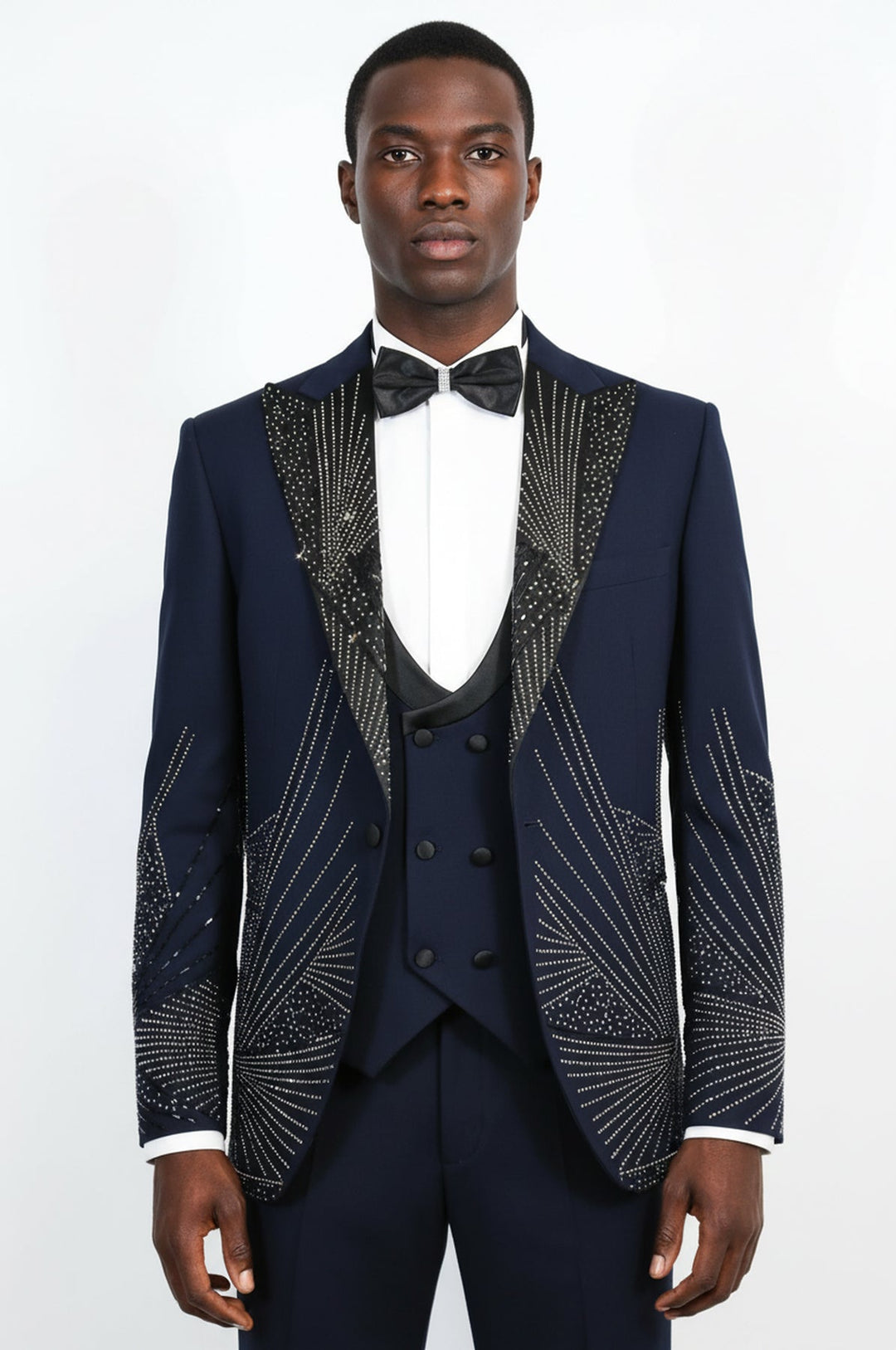 WSS Navy Silver Sunburst Rhinestone Peak Lapel Tuxedo Suit –  - Zongolica