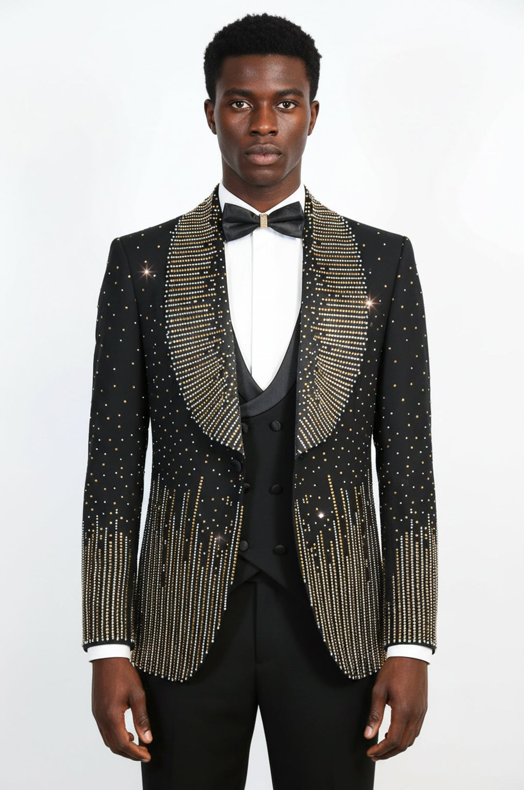 WSS Black 3-Piece Suit with Gold Vertical Bead Embellishments  - Eberswalde
