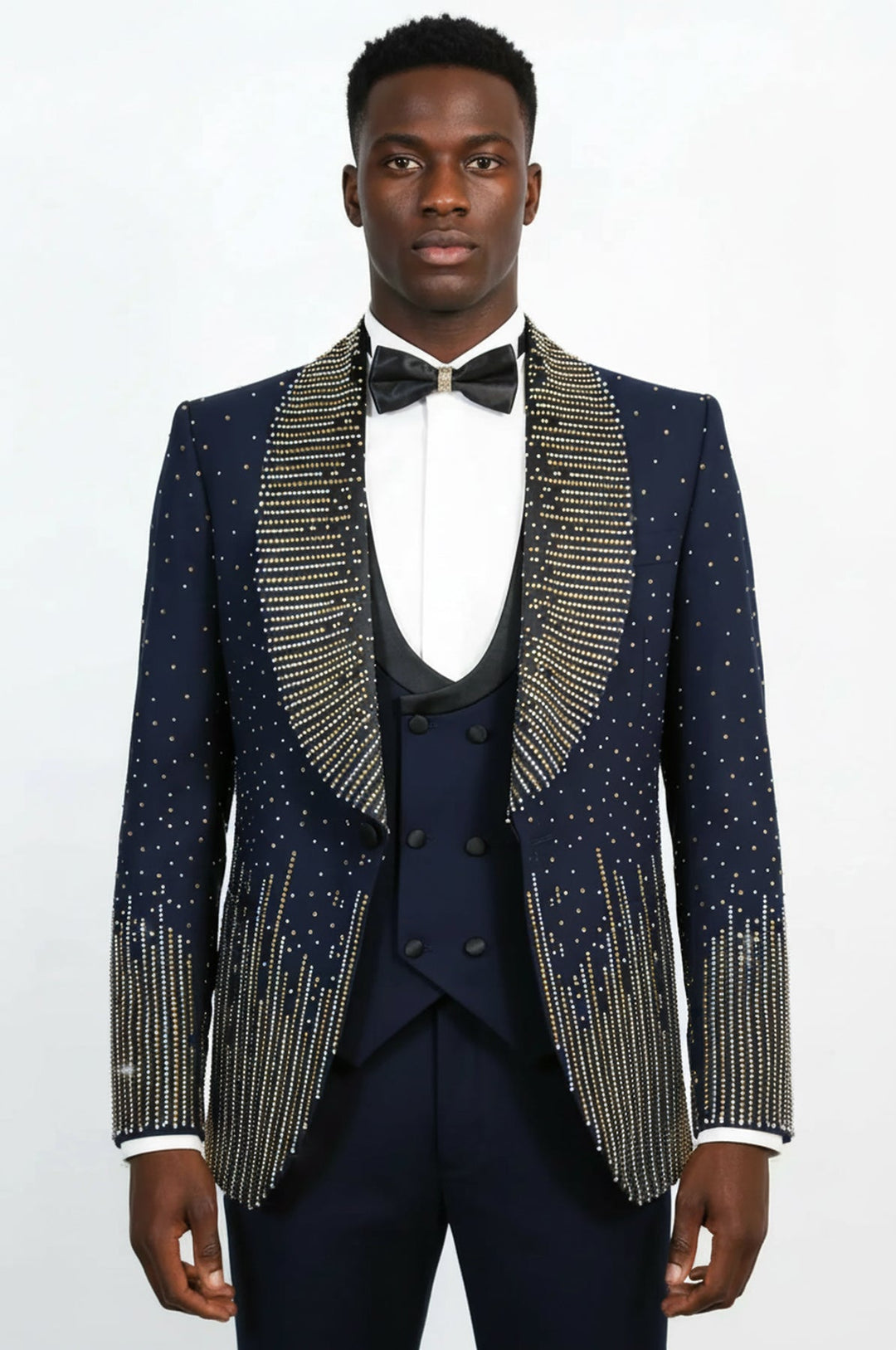 WSS Navy Blue 3-Piece Suit with Gold Vertical Bead Embellishments  - Belleville