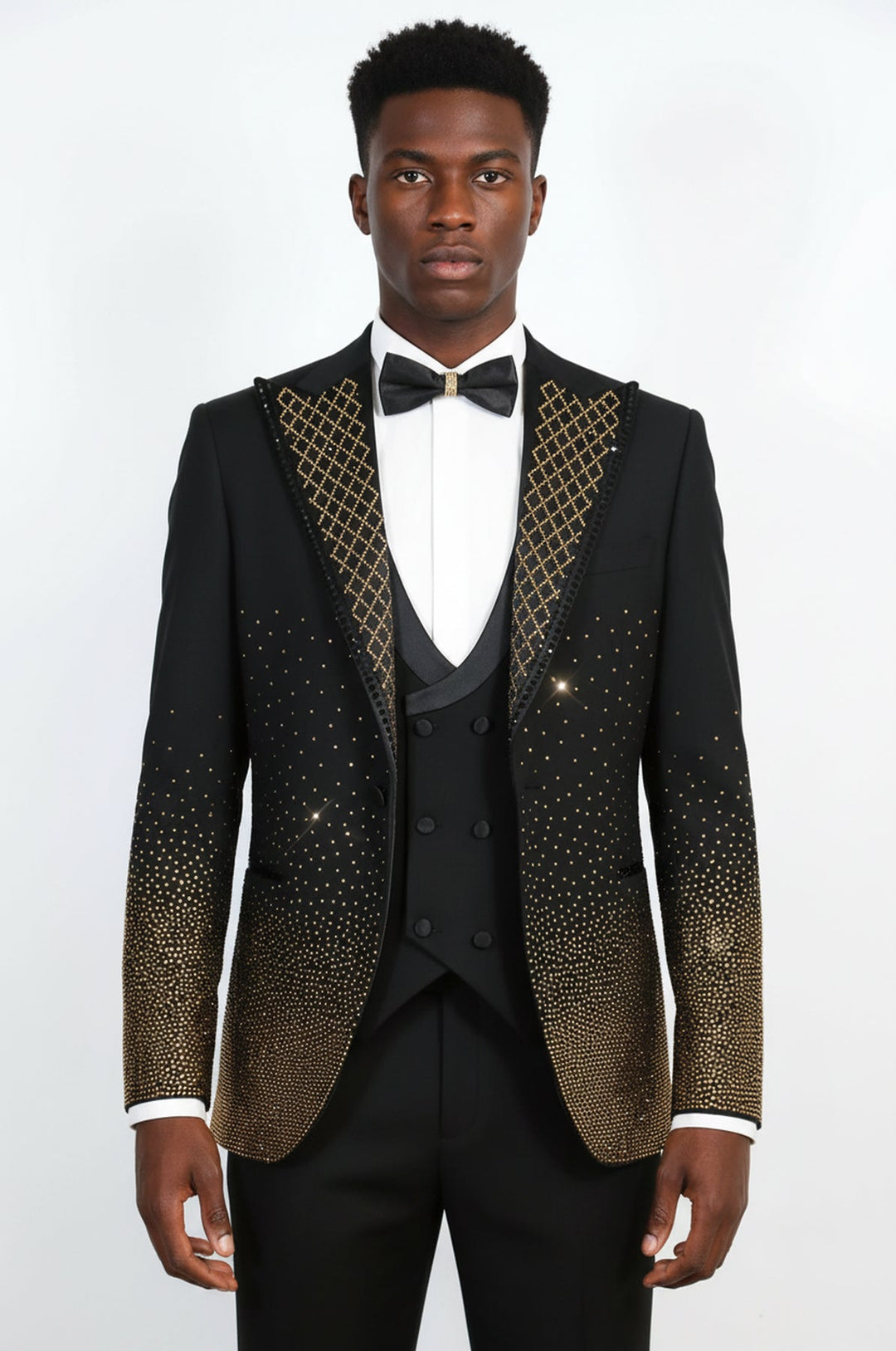 WSS Black 3-Piece Suit with Gold Geometric Patterned Peak Lapel  - Mandeville