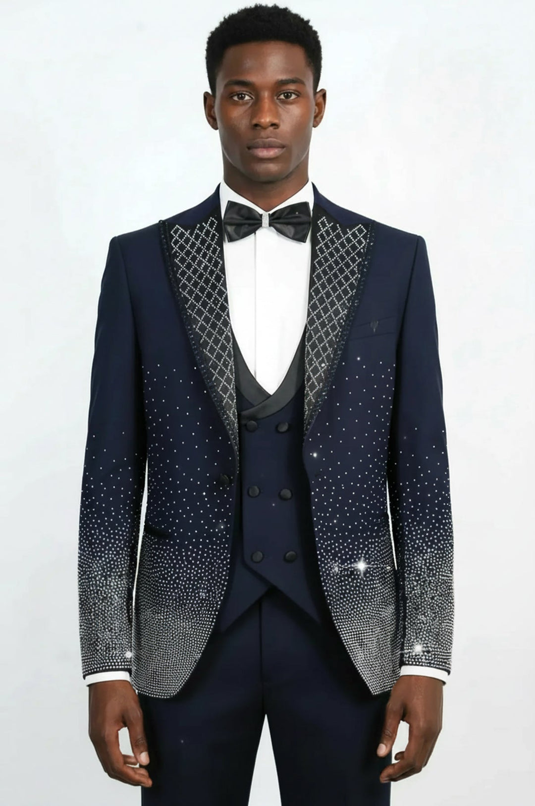 WSS Navy Blue 3-Piece Suit with Silver Geometric Patterned Peak Lapel  - San Donà di Piave