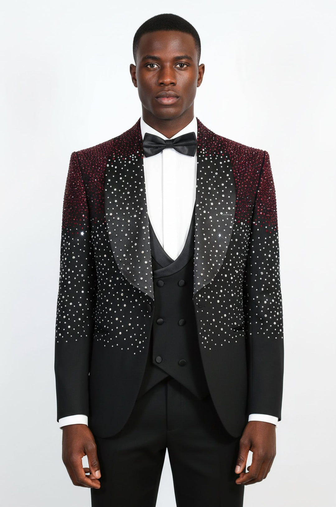 WSS Men's Black Burgundy Ombre Rhinestone Shawl Lapel 3-Piece Tuxedo Suit  - San Leandro