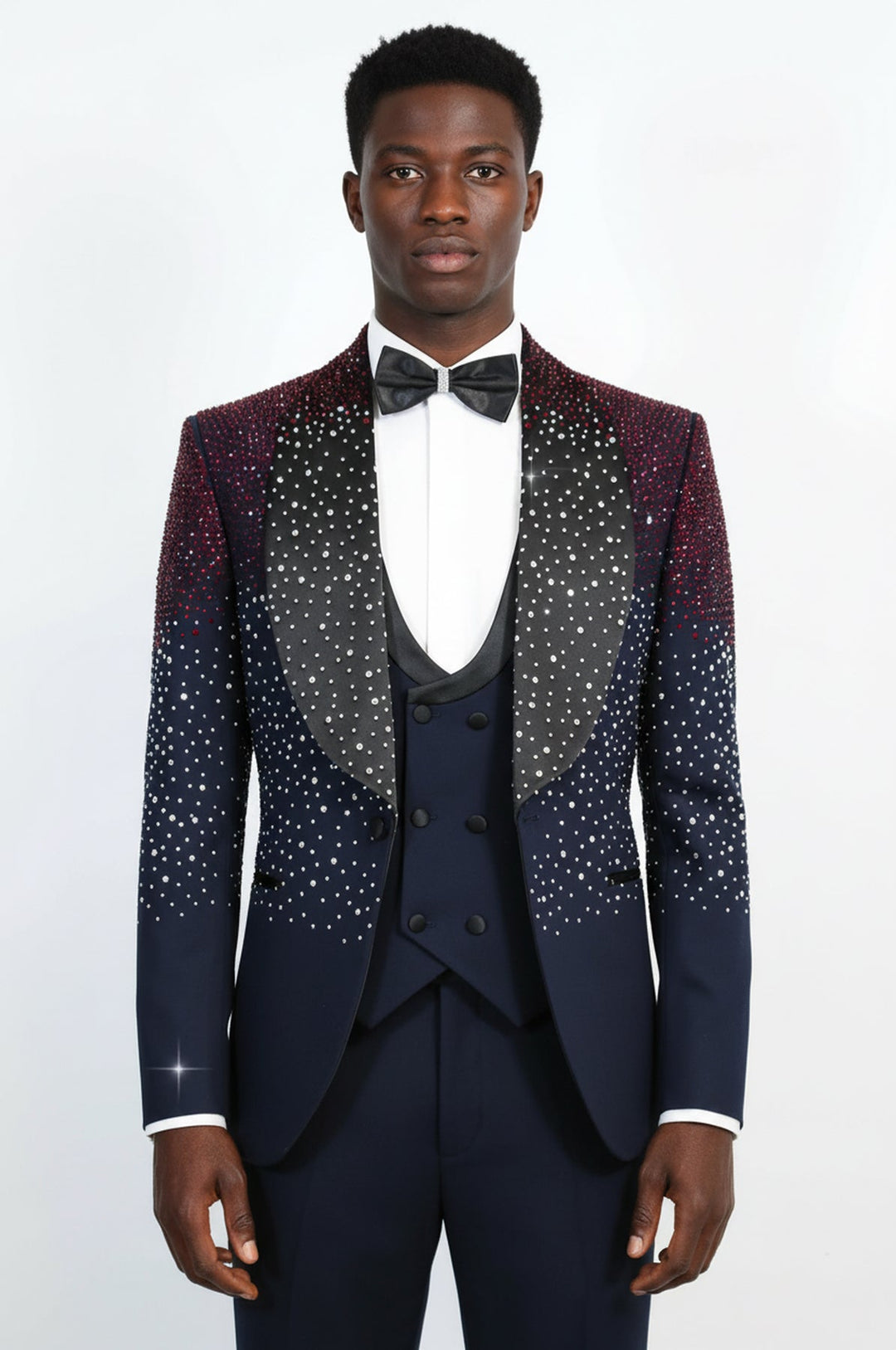 WSS Men's Navy Blue Burgundy Ombre Rhinestone Shawl Lapel 3-Piece Tuxedo Suit  - Grugliasco