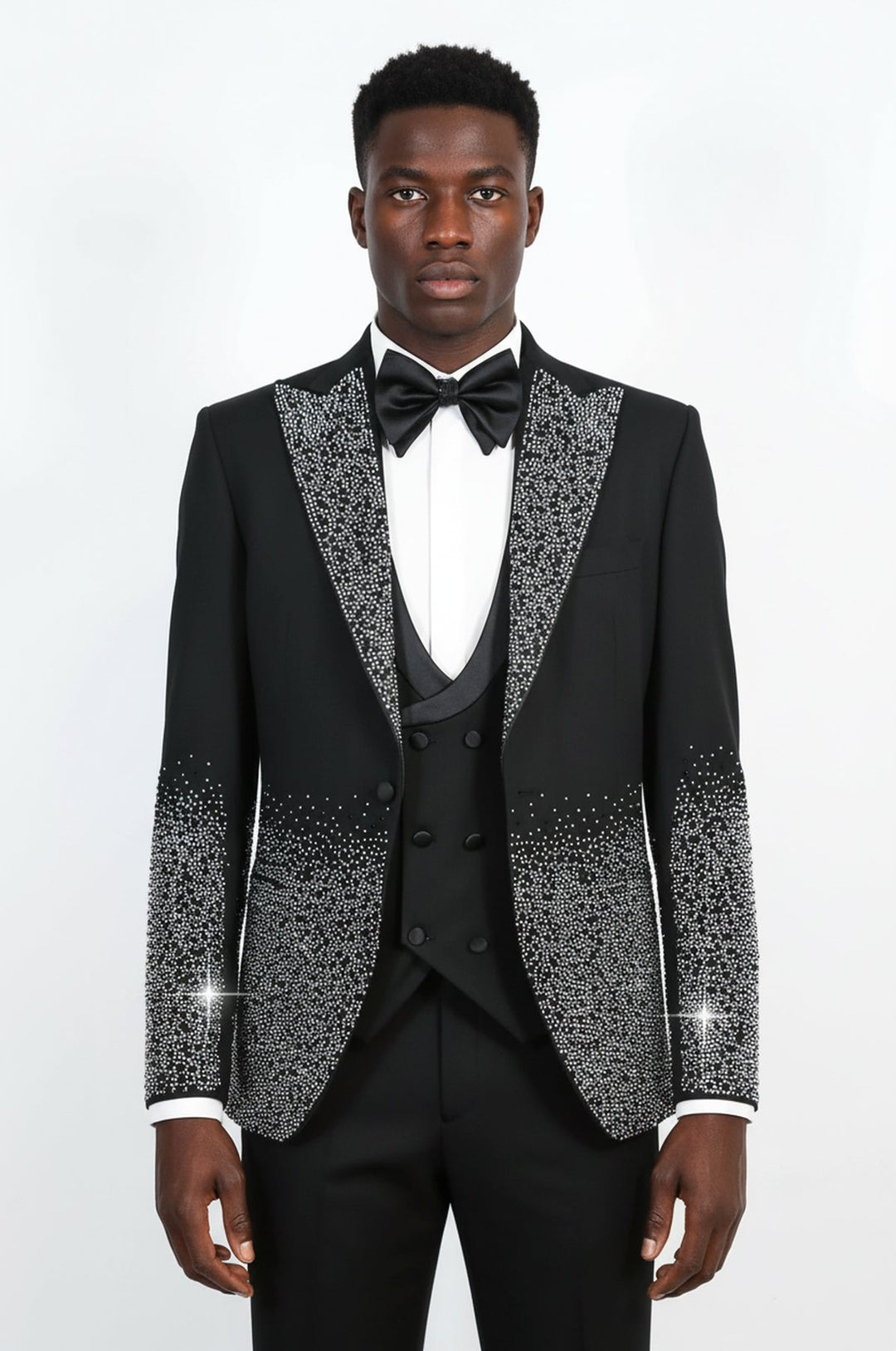 WSS Men's Black Peak Lapel Tuxedo with Silver Hem-Embellished Rhinestones 3-Piece  - Scunthorpe