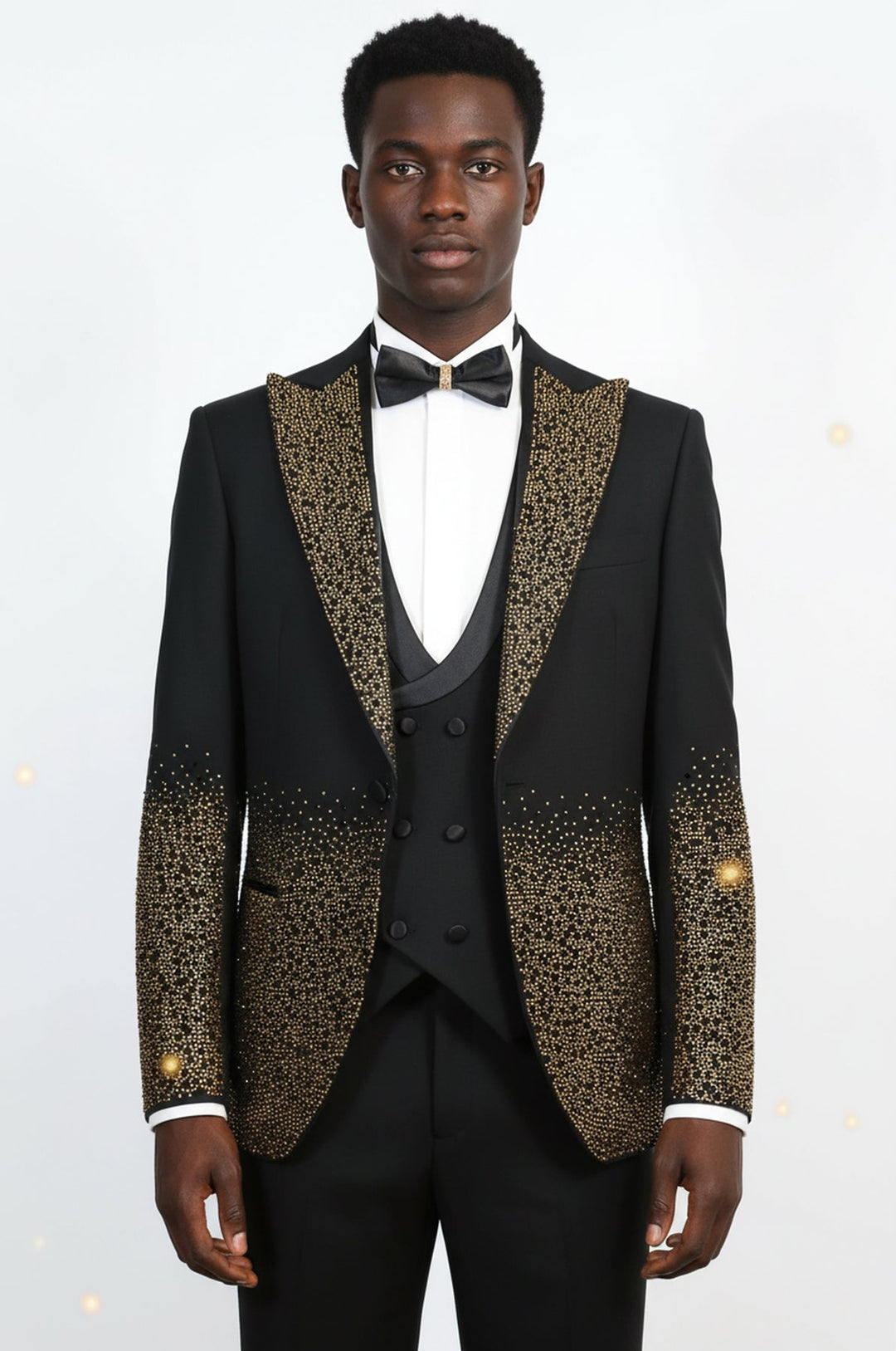 WSS Men's Black Peak Lapel Tuxedo with Gold Hem-Embellished Rhinestones 3-Piece  - Palma