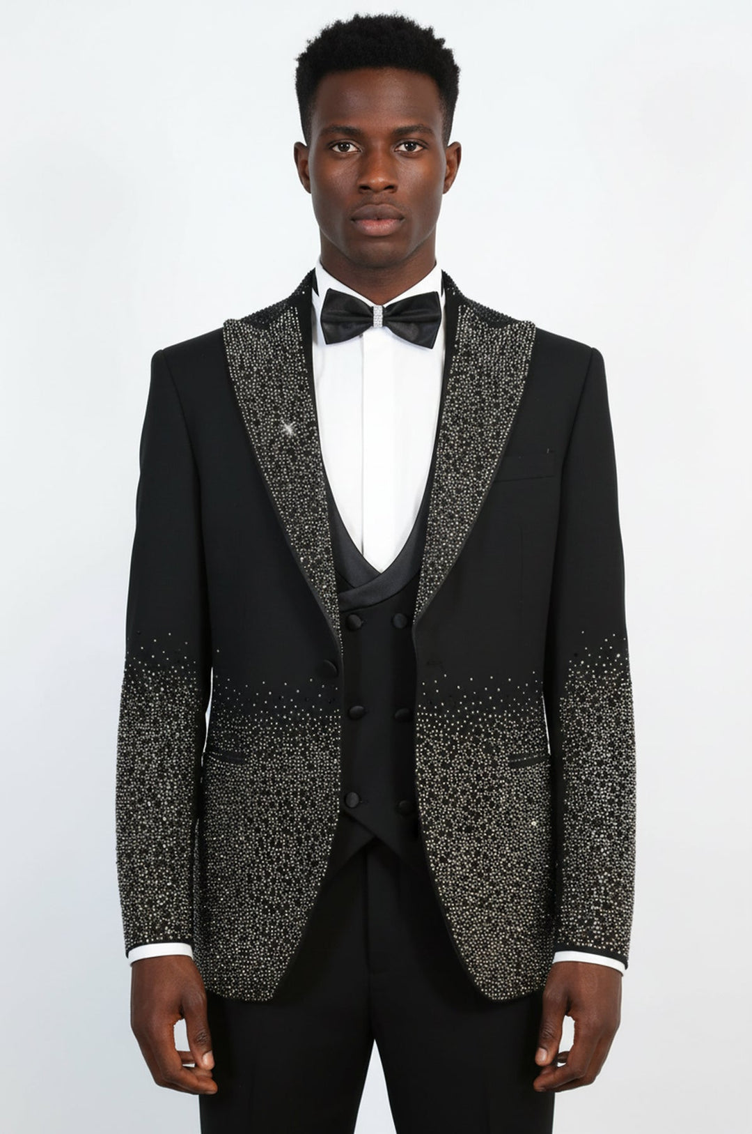WSS Men's Black Peak Lapel Tuxedo with Anthracite Hem-Embellished Rhinestones 3-Piece  - Littleton