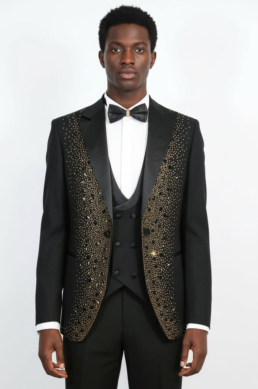 WSS Men's Black Peak Lapel 3-Piece Tuxedo Suit with Gold Rhinestone Trim  - Mouscron