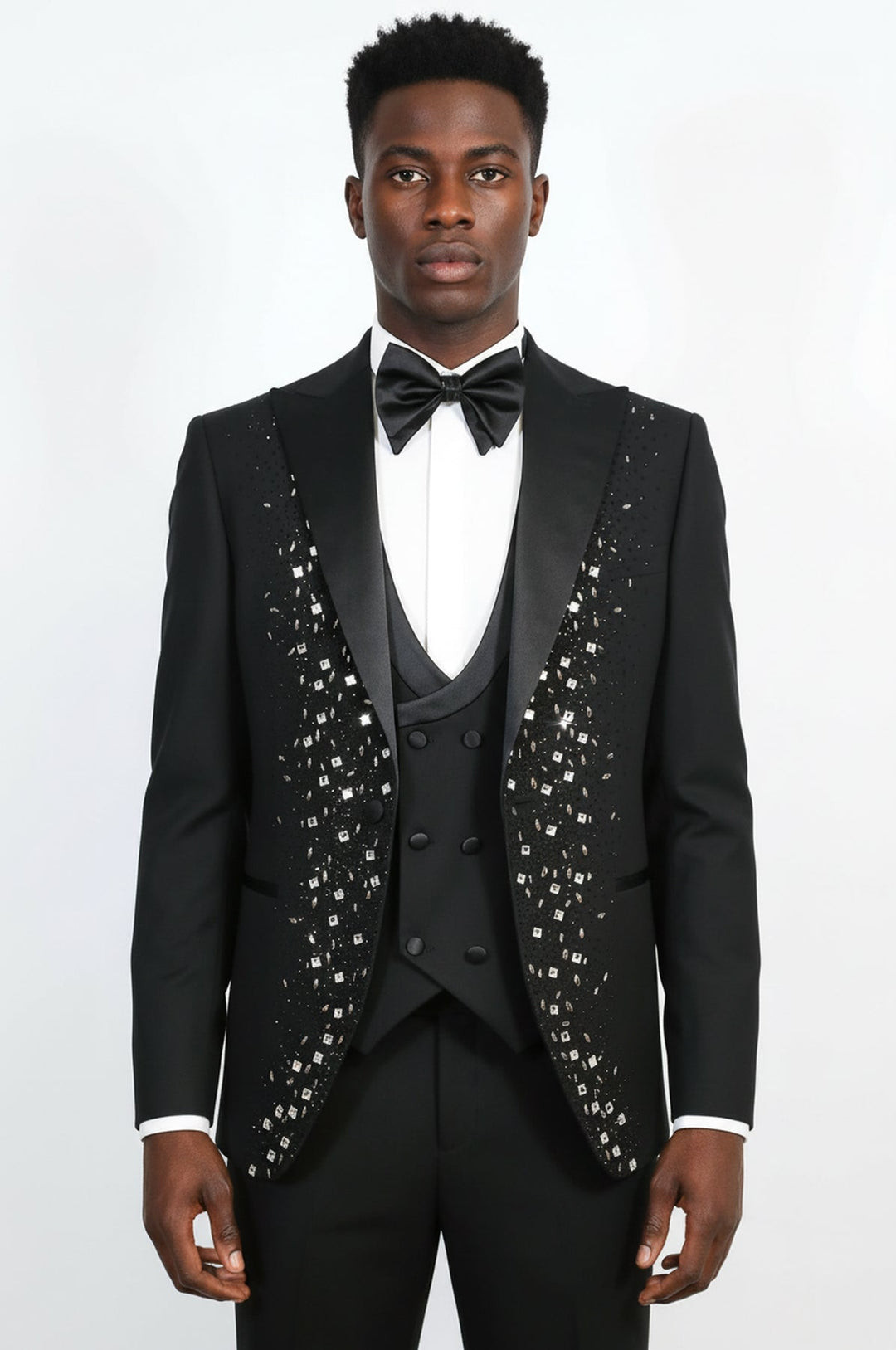 WSS Men's Black Peak Lapel 3-Piece Tuxedo Suit with Silver Square Crystal Trim  - University Place