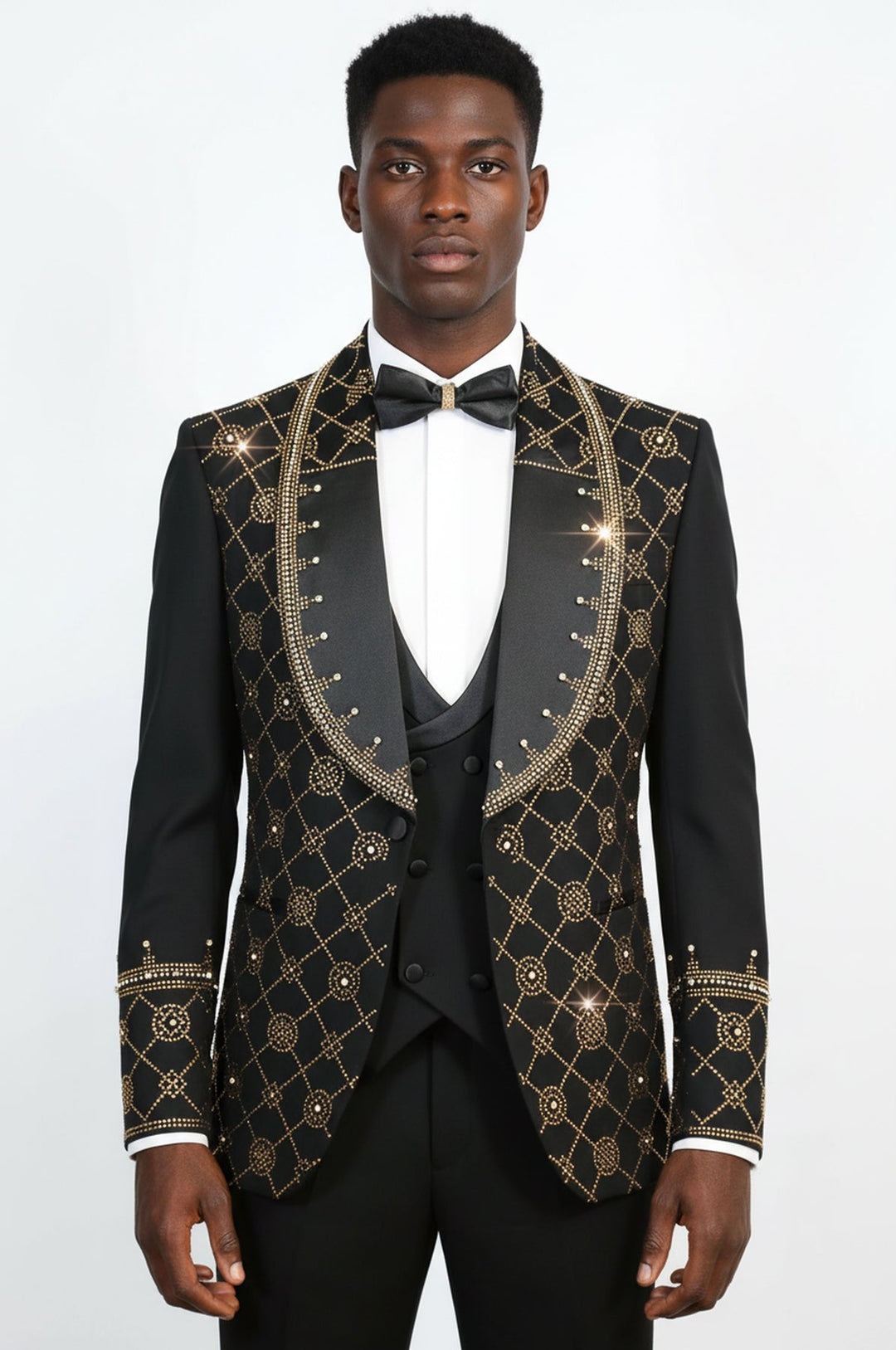 WSS Men's Black Shawl Lapel 3-Piece Tuxedo Suit with Gold Geometric Rhinestone Pattern  - Huntington Park