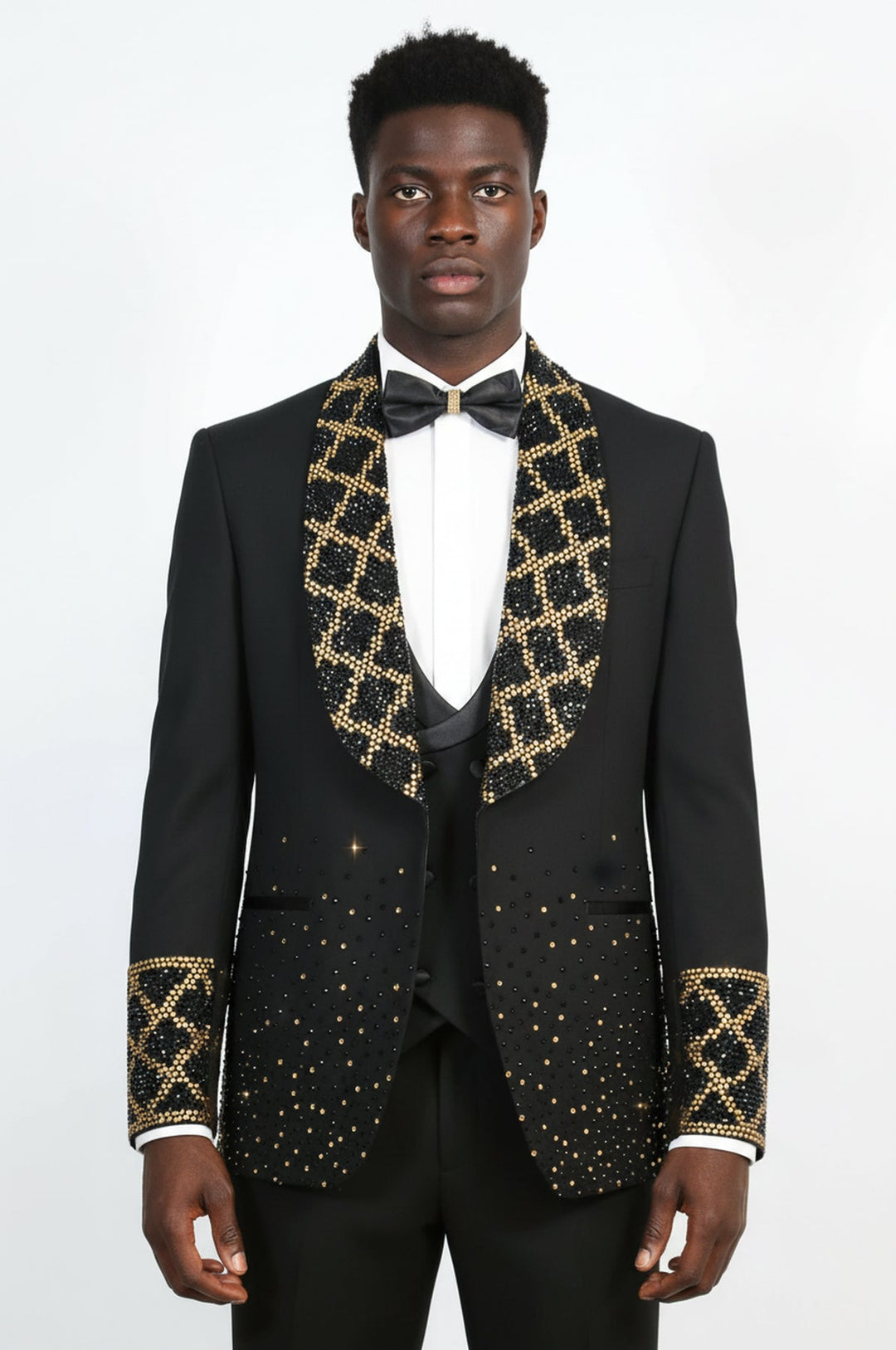 WSS Men's Black Shawl Lapel 3-Piece Tuxedo Suit with Gold Honeycomb Rhinestone Pattern  - Castleford
