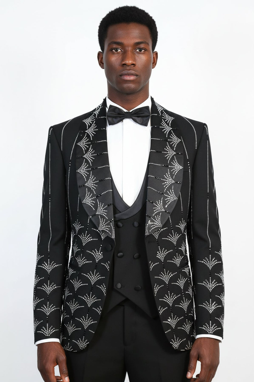 WSS Men's Black Shawl Lapel 3-Piece Tuxedo Suit with Silver Sunburst Rhinestone Pattern  - Livingston