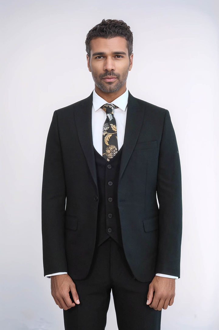 WSS Three Piece Slim Fit Single Button Black Men Suit - Issaquah