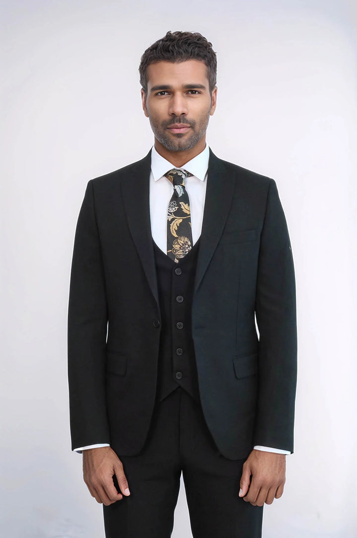WSS Three Piece Slim Fit Single Button Black Men Suit - Council Bluffs