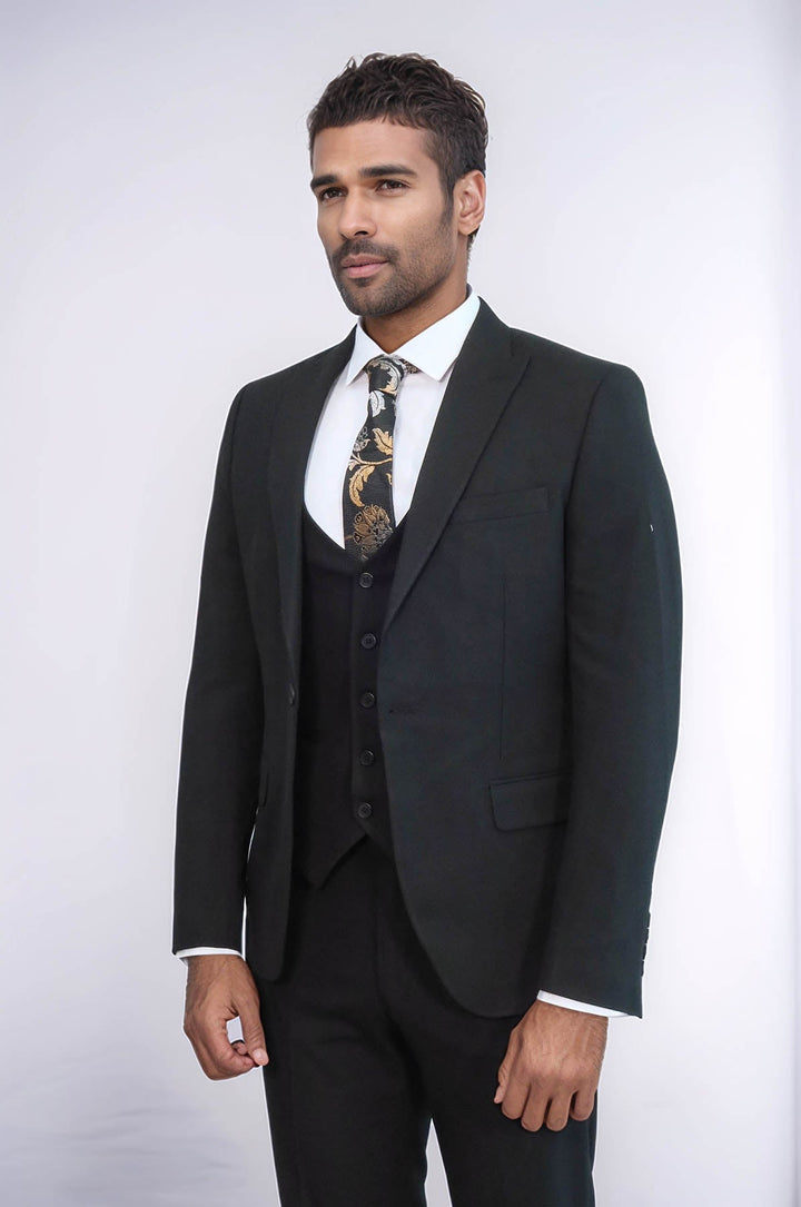 WSS Three Piece Slim Fit Single Button Black Men Suit - Issaquah