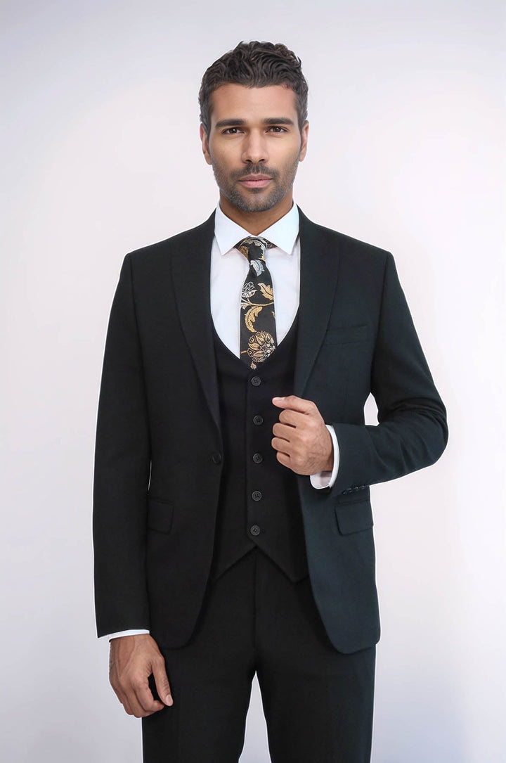 WSS Three Piece Slim Fit Single Button Black Men Suit - Issaquah