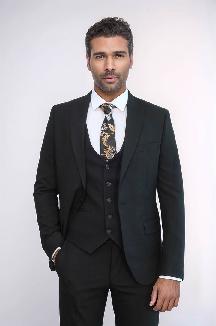 WSS Three Piece Slim Fit Single Button Black Men Suit - Issaquah