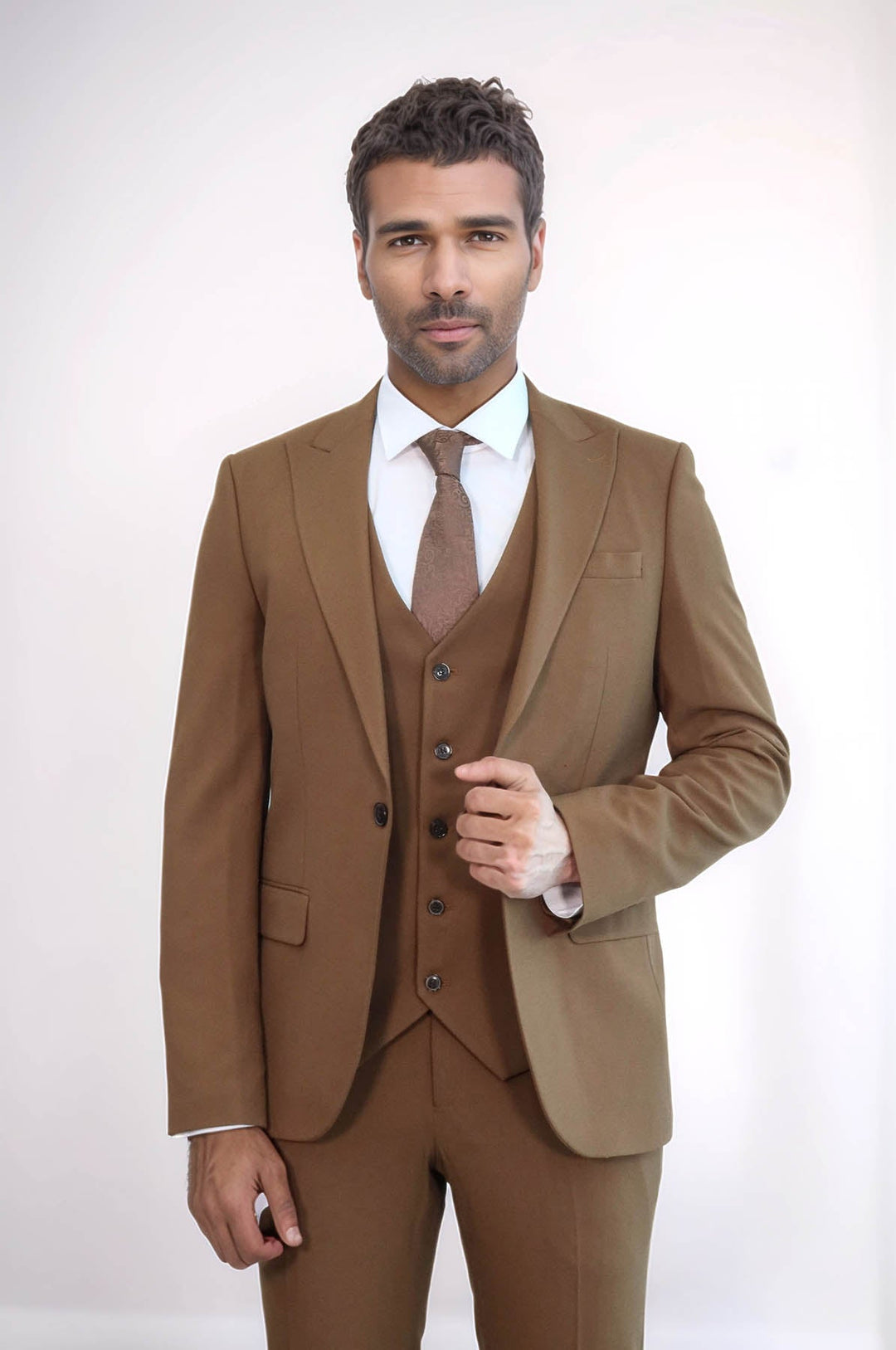 WSS Three Piece Slim Fit Single Button Tan Men Suit - Guelph