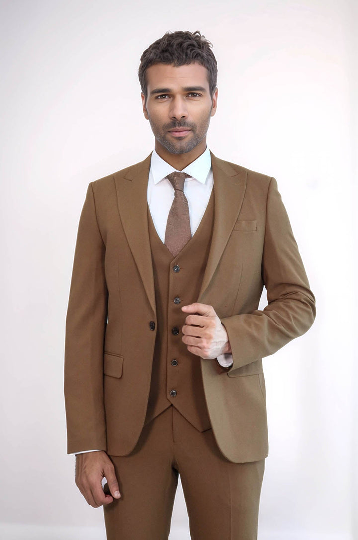 WSS Three Piece Slim Fit Single Button Tan Men Suit - Guelph