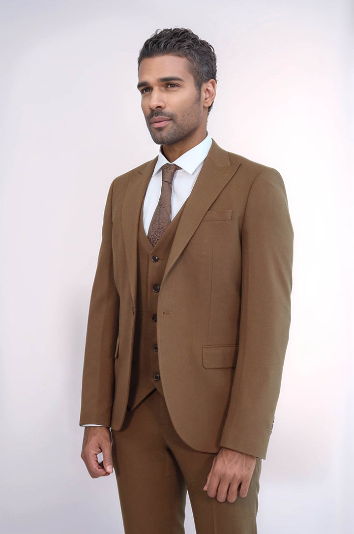 WSS Three Piece Slim Fit Single Button Tan Men Suit - Guelph