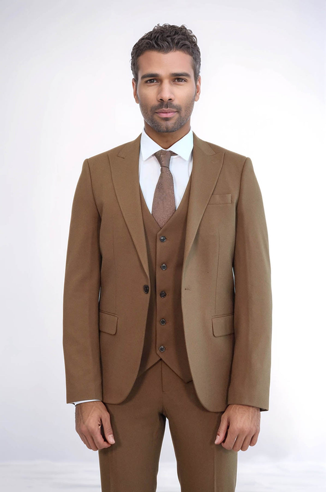 WSS Three Piece Slim Fit Single Button Tan Men Suit - Guelph