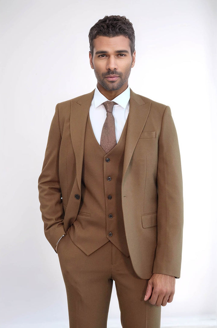 WSS Three Piece Slim Fit Single Button Tan Men Suit - Guelph