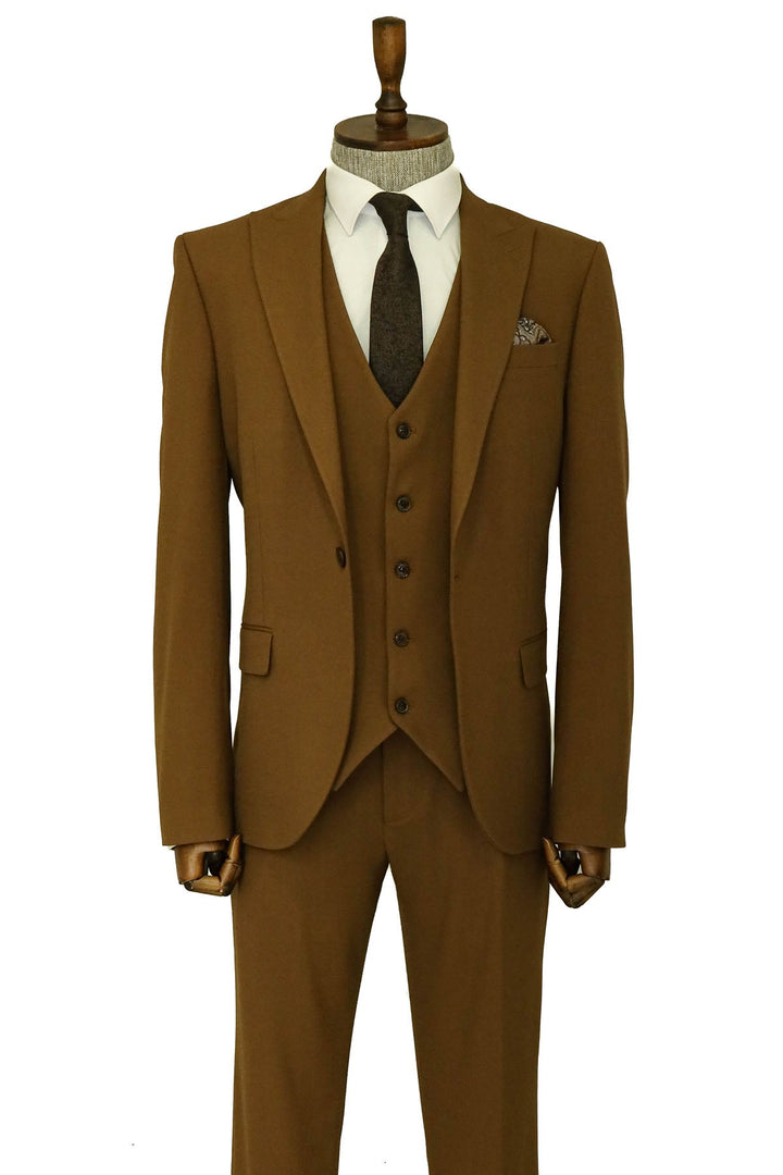 WSS Three Piece Slim Fit Single Button Tan Men Suit - Singen