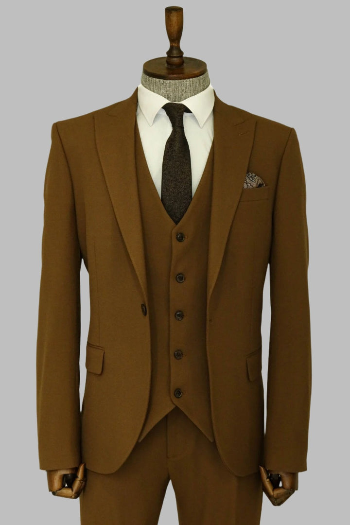 WSS Three Piece Slim Fit Single Button Tan Men Suit - Singen
