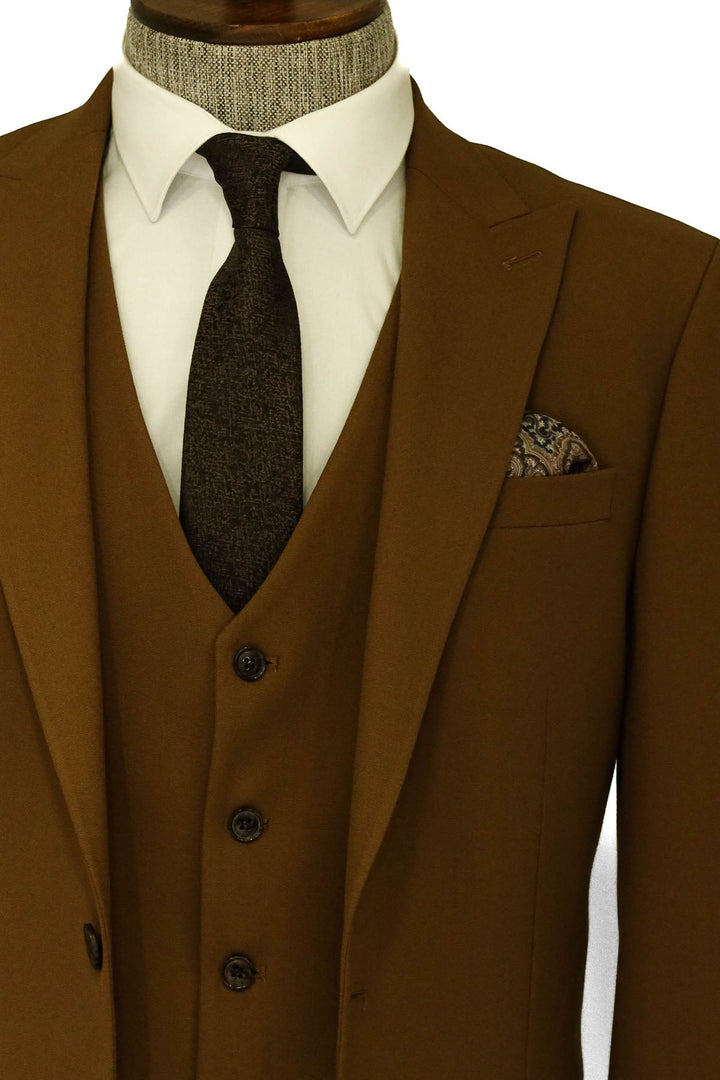 WSS Three Piece Slim Fit Single Button Tan Men Suit - Singen